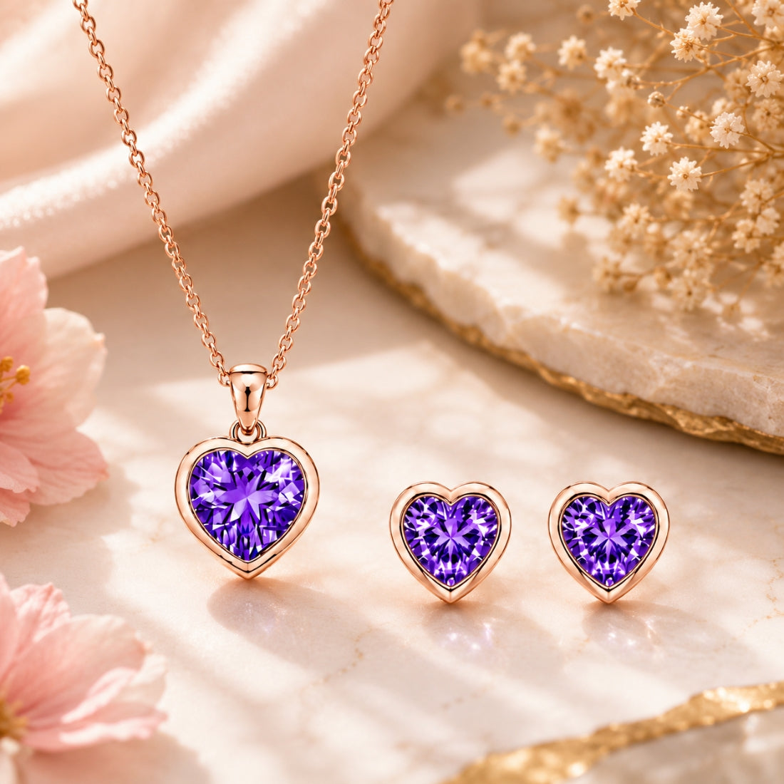 Rose Gold Heart Purple Jewellery Set For Women