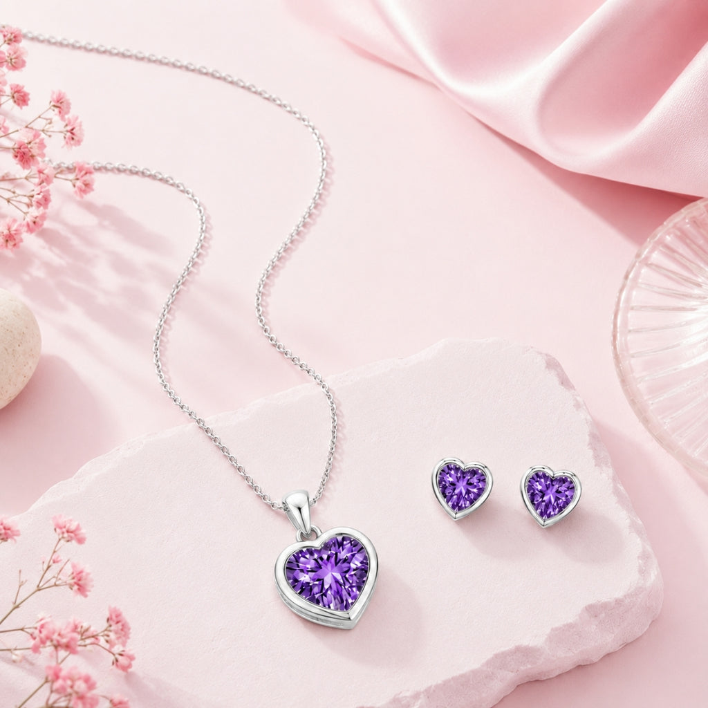 Silver Purple Heart Pendant With Earrings for Women