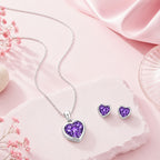 Silver Purple Heart Pendant With Earrings for Women