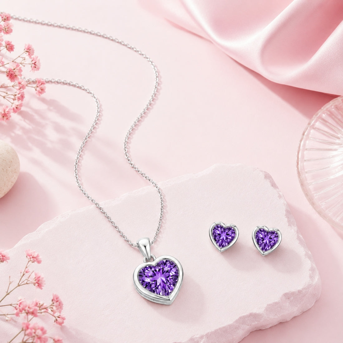 Silver Purple Heart Pendant With Earrings for Women