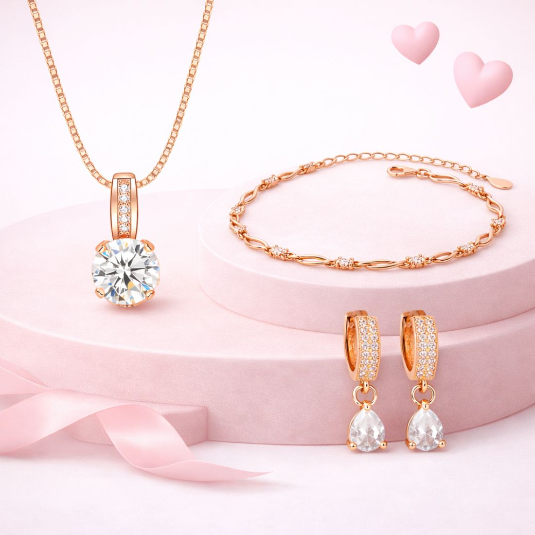 Rose Gold Plated Pendant With Earrings And Adjustable Bracelet For Women & Girls