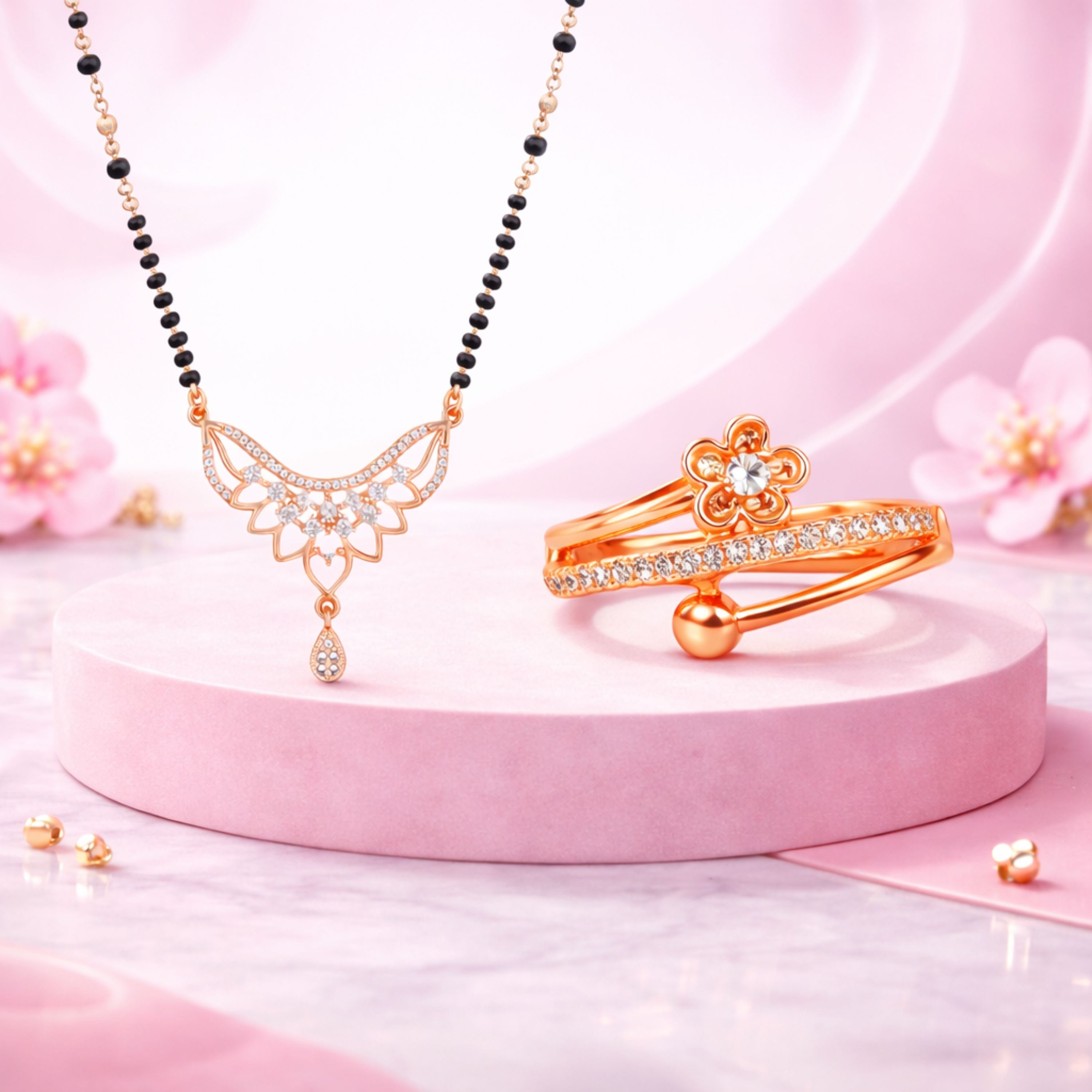 Rose Gold Floral Mangalsutra & Ring Set