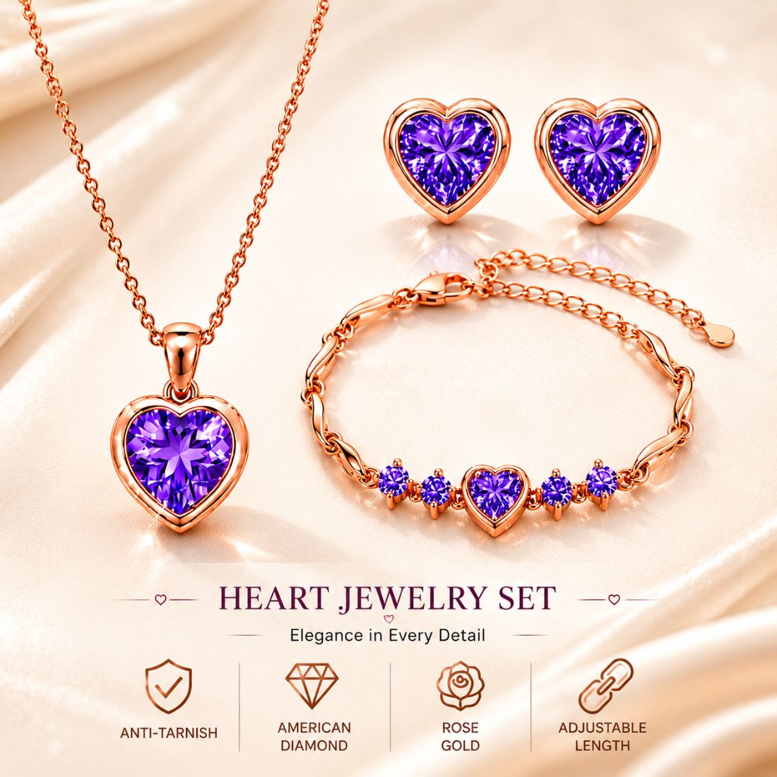 Rose Gold Purple Heart Jewelry Set