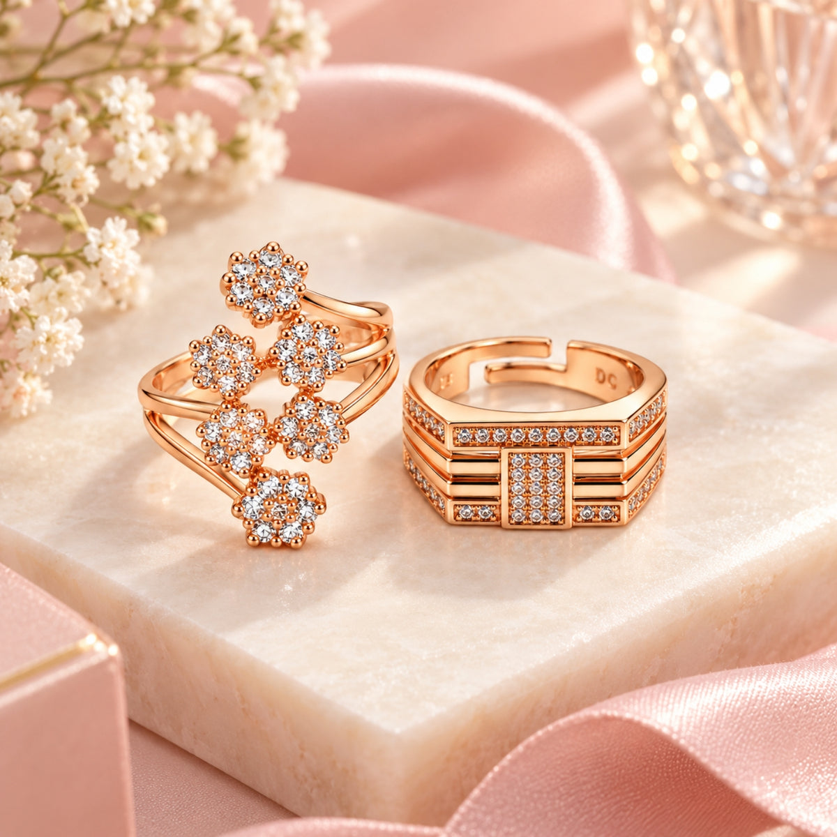 Rose Gold Floral Couple Rings for Men & Women