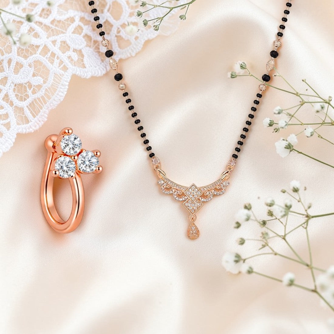 Rose Gold Mangalsutra With nose pin