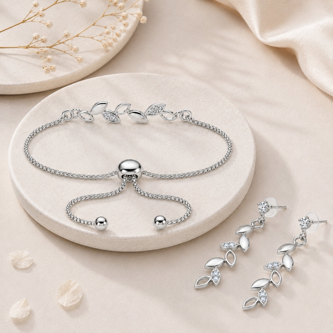 Silver Leaf Bracelet With Drop Earrings for Women