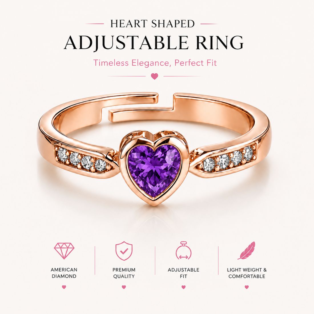 Rose Gold Heart Purple Stone Finger Ring