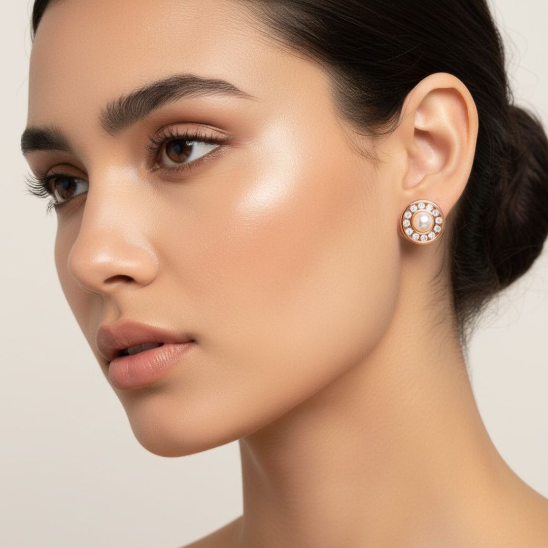 Rose Gold Pearl Round Stud Earrings