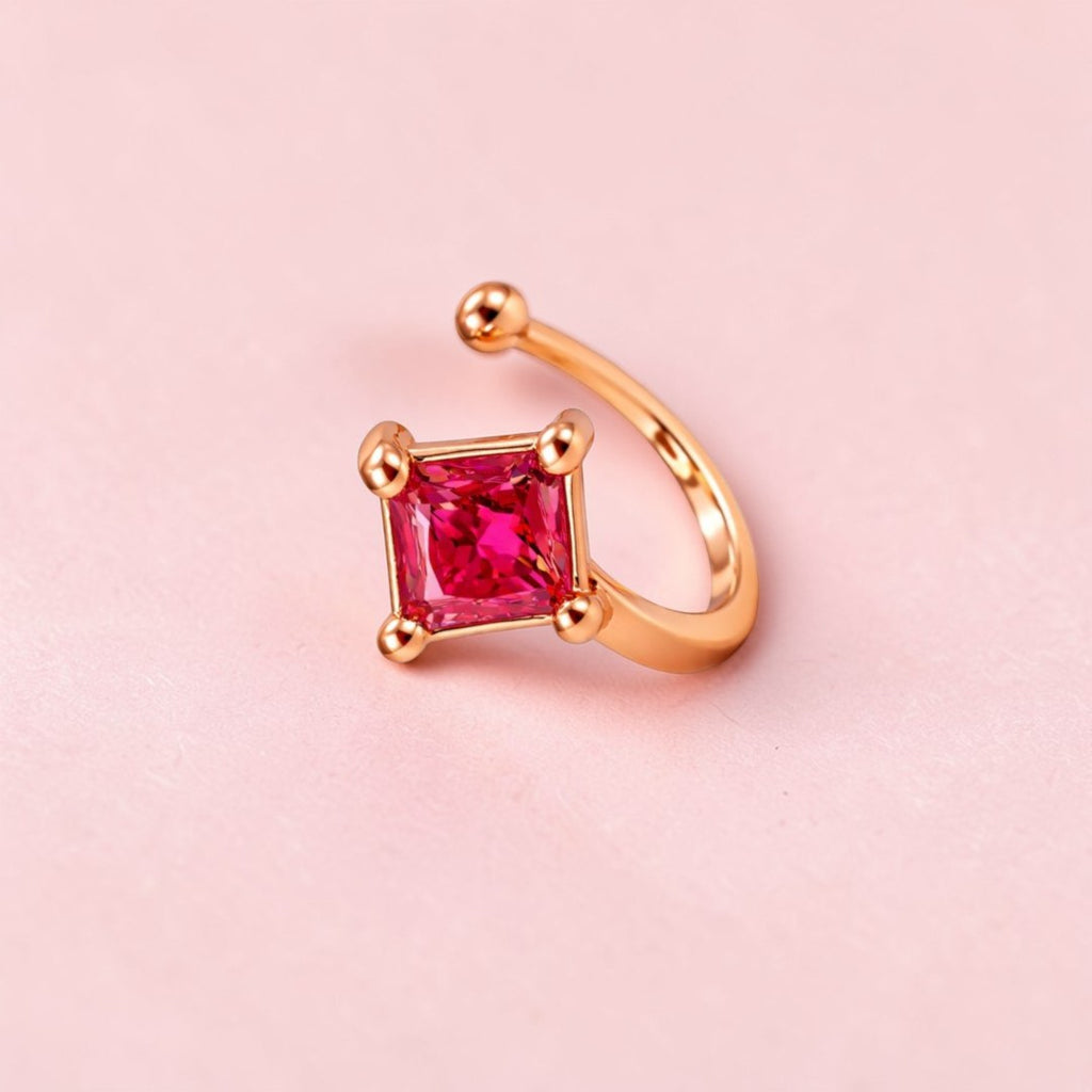 Rose Gold Plated Red Stone Non Piercing Nose Pin