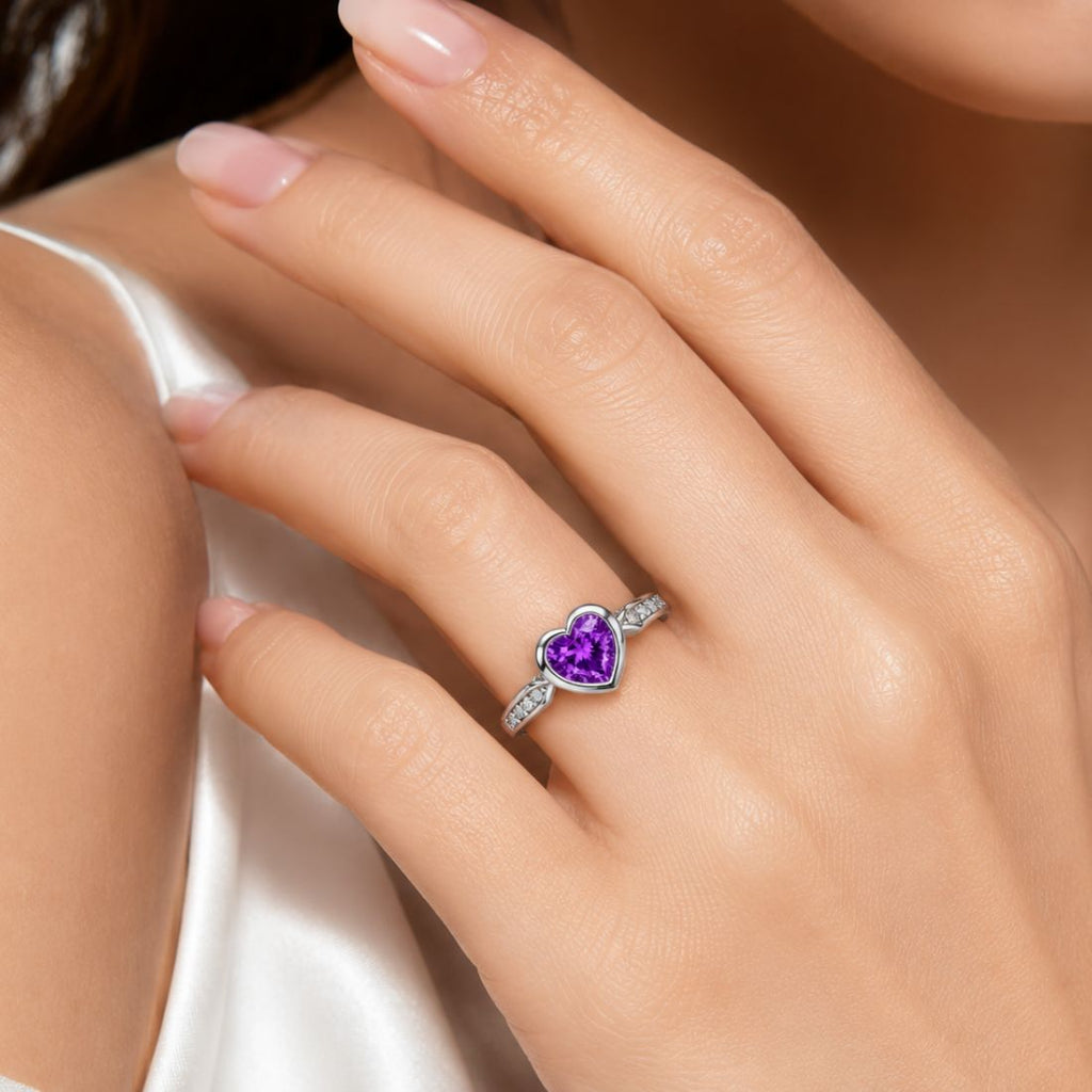 Silver Heart Purple Stone Finger Ring
