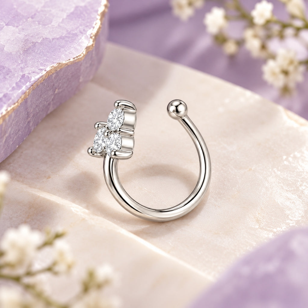 Silver Finish Triple Stone Non-Piercing Nose Pin