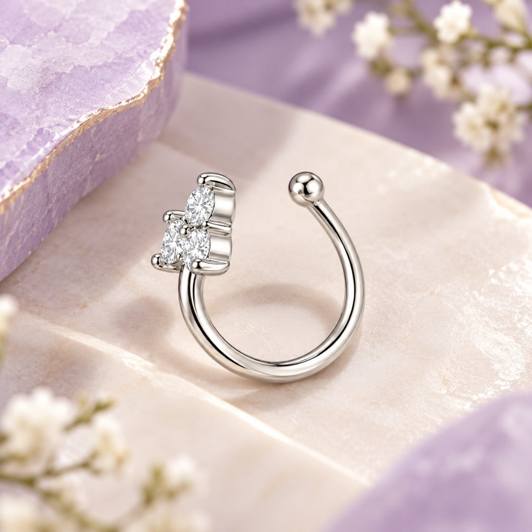 Silver Finish Triple Stone Non-Piercing Nose Pin