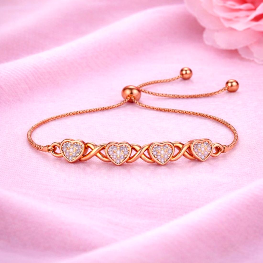 Rose Gold Plated Adjustable Infinity Heart Bracelet with American Diamonds for Women & Girls