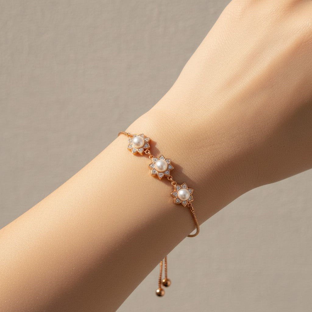 Rose Gold Plated Floral Pearl Bracelet