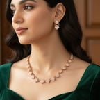 Nilu's Collection Rose Gold Plated American Diamond Square Floral Design Necklace Set with Matching Earrings For Women And Girls