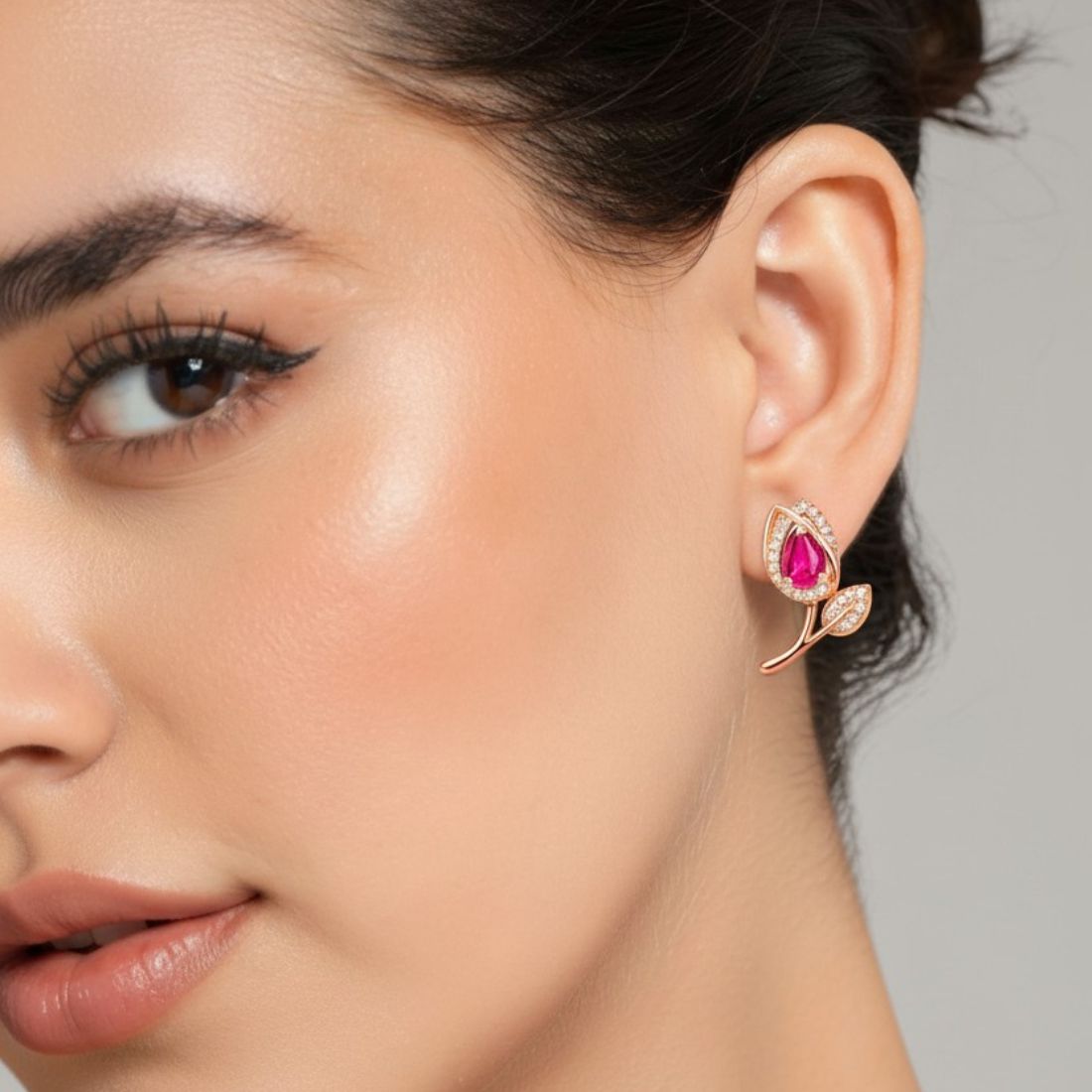 Rose Gold Floral Stud Earrings With Pink Stone