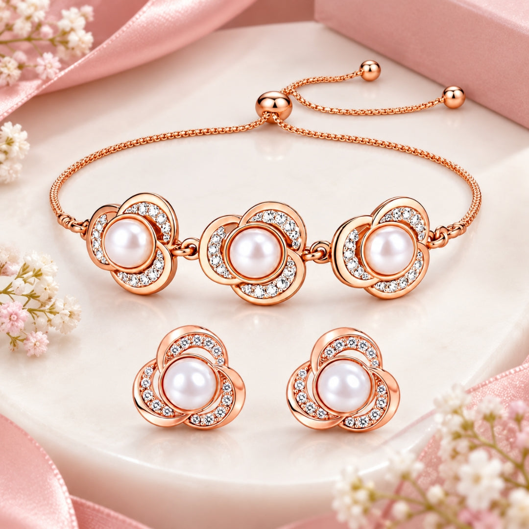 Rose Gold Pearl Floral Bracelet & Earrings For Women