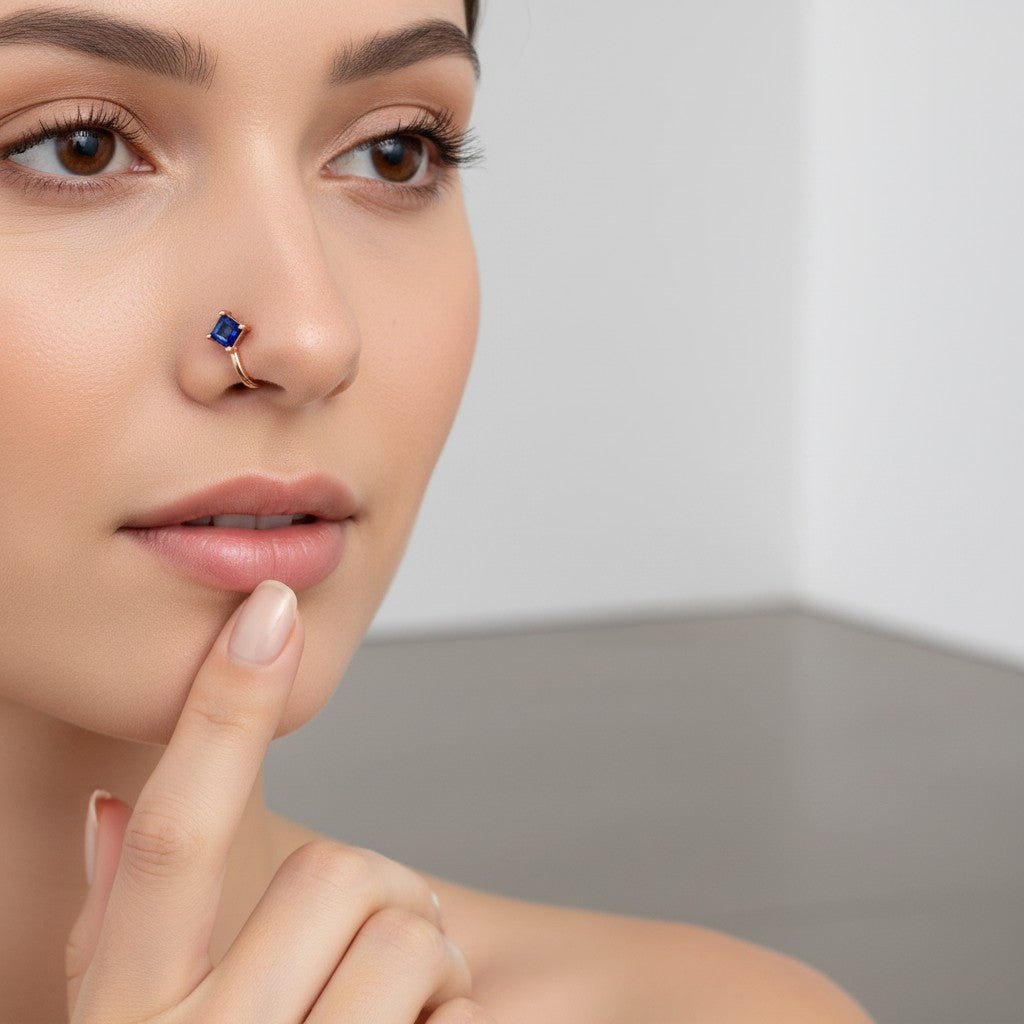 Rose Gold Blue Stone Non-Piercing Nose Pin