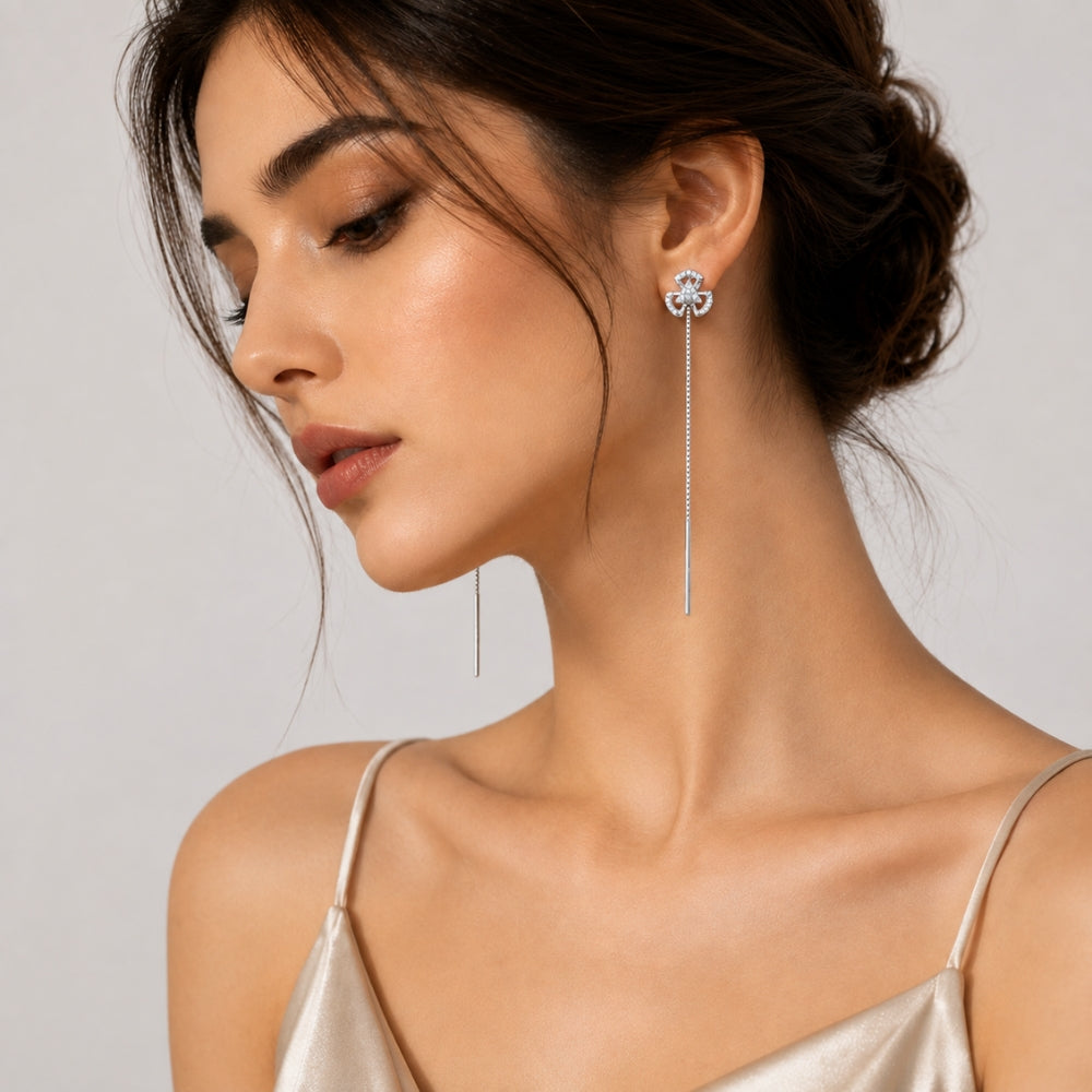 Silver Sui Dhaga Long Drop Earrings For Women