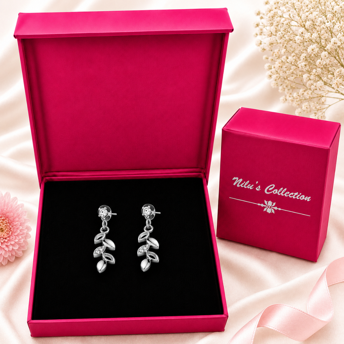 Silver Leaf Bracelet With Drop Earrings for Women