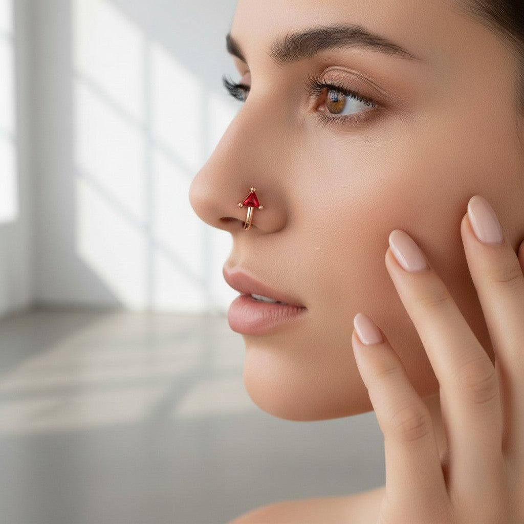 Rose Gold Plated Red Triangle Crystal Non-Piercing Nose Pin