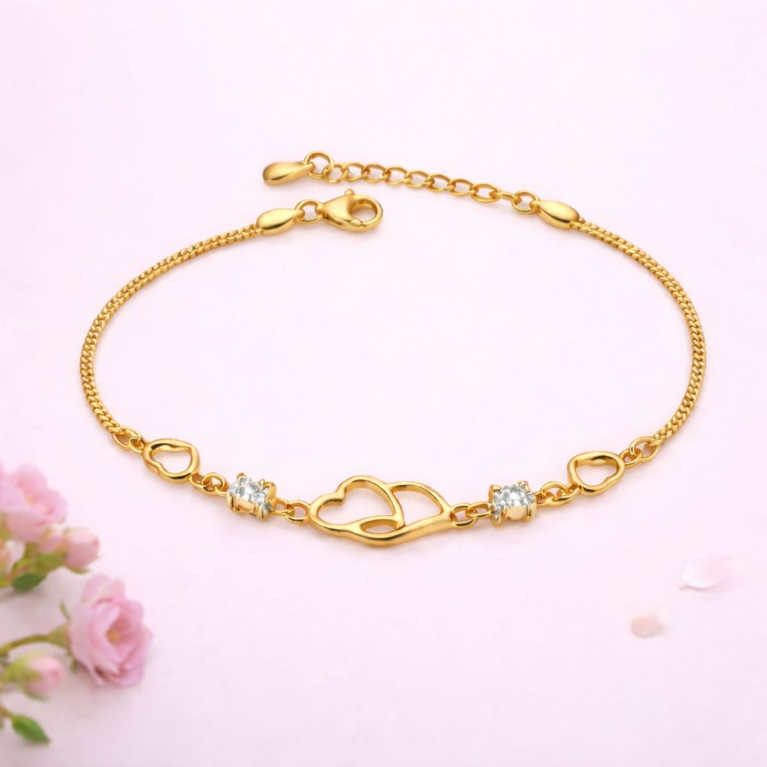 Double Heart Shape Gold Plated CZ Crystal Bracelet, Gift for Loved One, Valentine's Day Gift