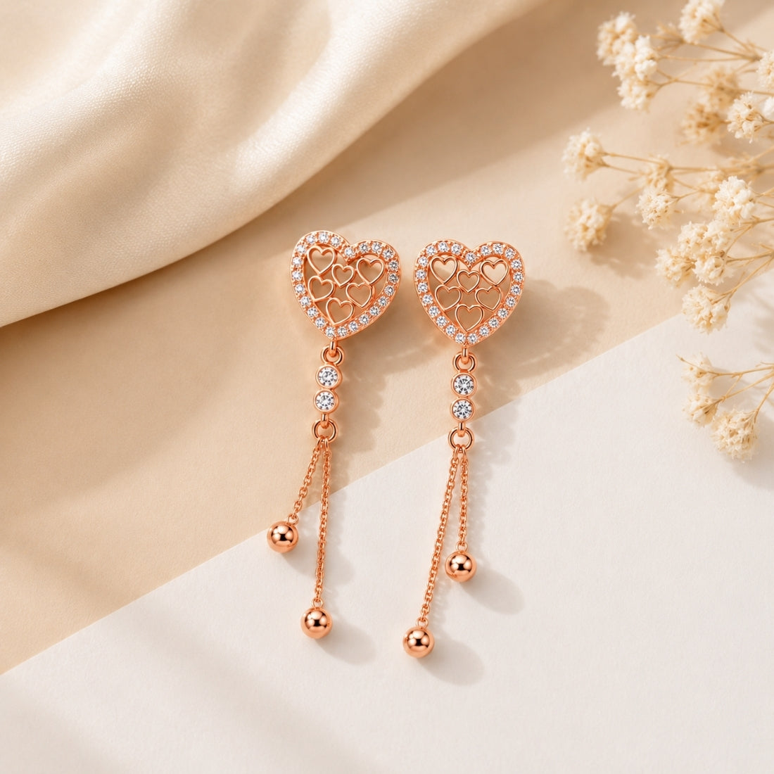 Rose Gold Plated Heart Design Dangling Earrings For Women And Girls