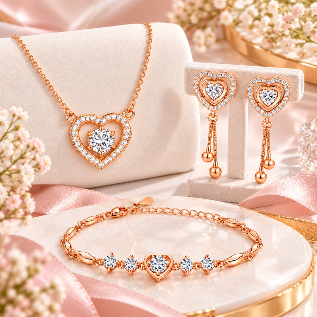Heart Shaped Necklace, Earrings and Bracelet Jewellery Set for Women