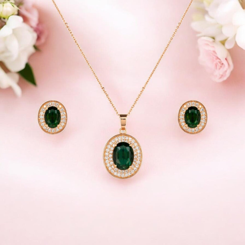 Nilu's Collection Rose Gold Plated Green Oval Necklace With Stud Earrings for Women And Girls | Anti-Tarnish | Anti-Allergy| Office Wear