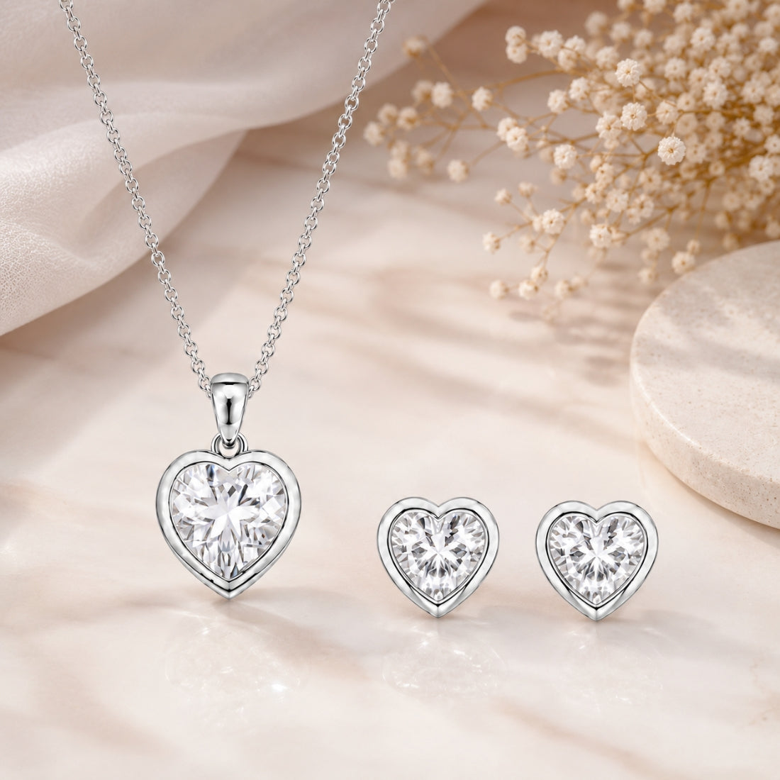 Silver Heart Pendant With Earrings For Women