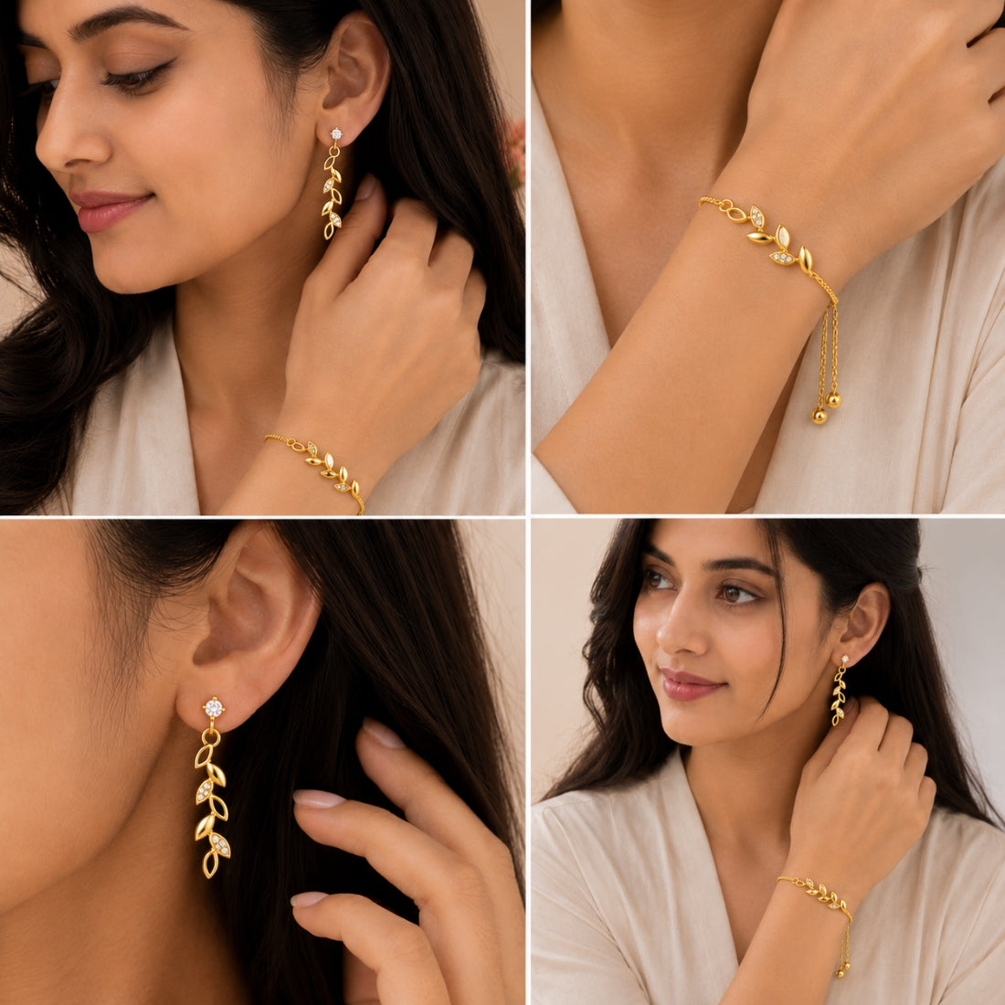 Gold Leaf Bracelet With Drop Earrings For Women