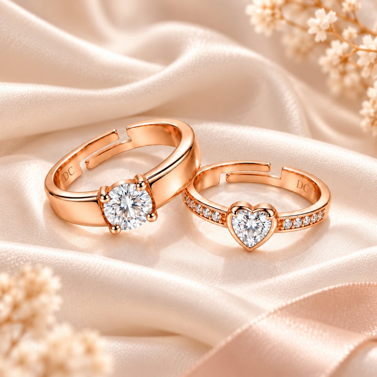 Rose Gold Couple Rings Set for Men & Women | Matching Heart & Solitaire