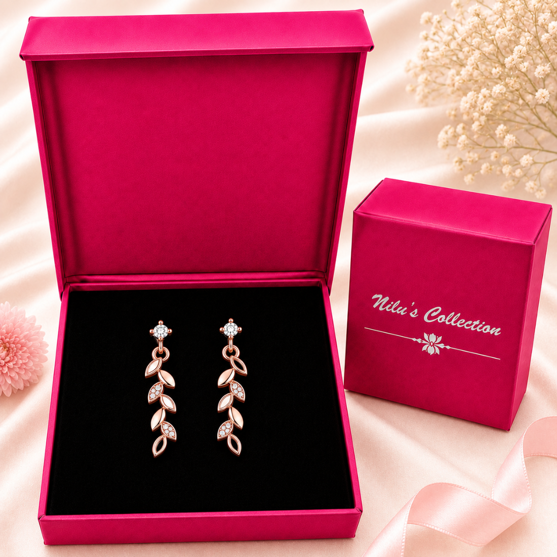 Rose Gold Leaf Bracelet With Drop Earrings For Women