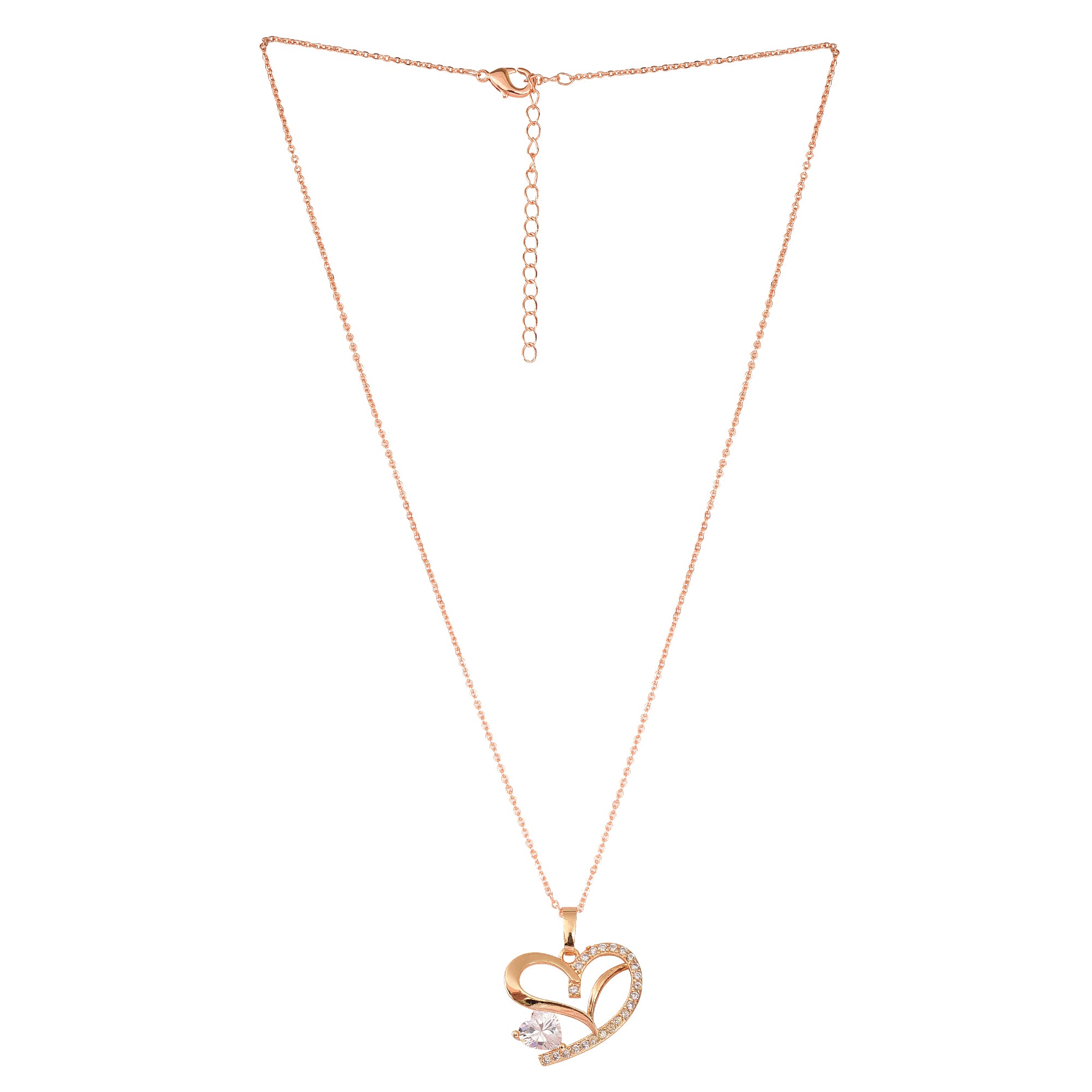 American Diamond Rose Gold Plated Love Shaped Pendant Necklace Set with Chain & Stud Earring for Girls and Women