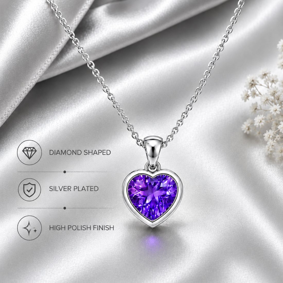 Silver Hert Purple Stone Pendant