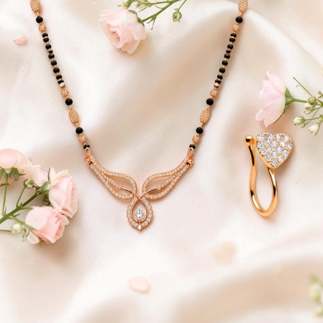 Rose Gold Mangalsutra & Heart Nose Pin