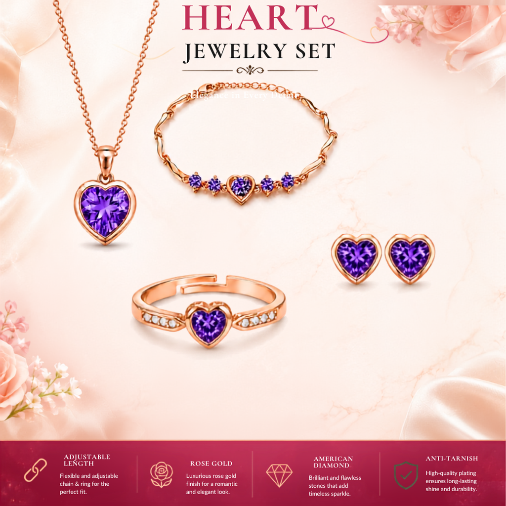 Rose Gold Purple Heart Jewelry Set