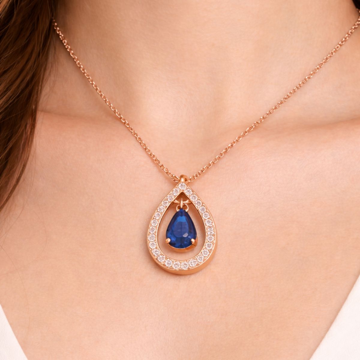 Nilu's Collection Rose Gold Plated Blue Stone Pendant Necklace with American Diamonds For Women And Girls | Anti-Tarnish |nAnti-Allergy|Office Wear| Gift For Her