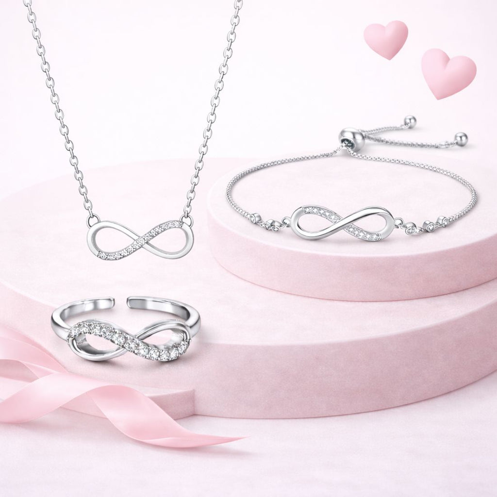 Nilu's Collection Silver Plated Infinity Pendant With bracelet ad finger Ring For Women And Girls