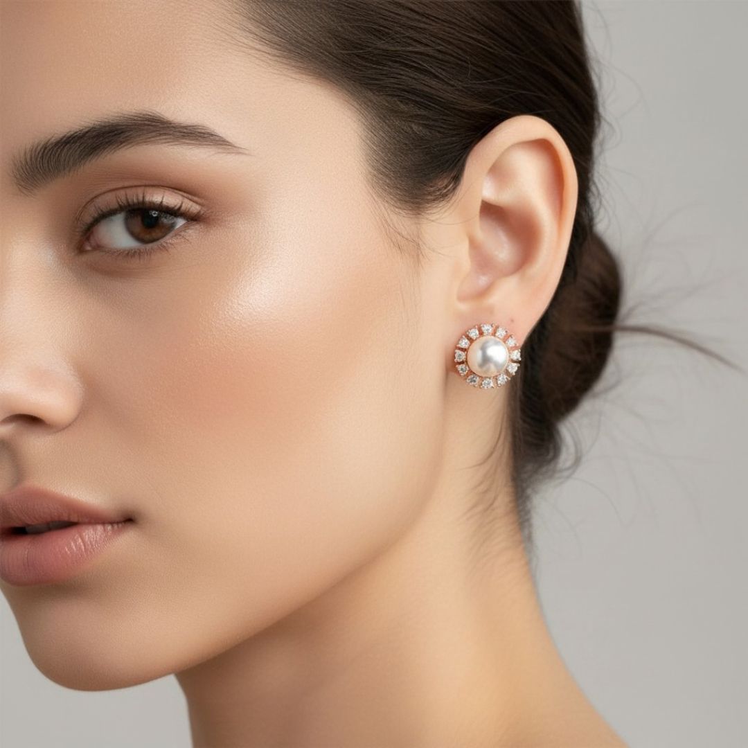 Rose Gold Round Pearl Stud Earrings