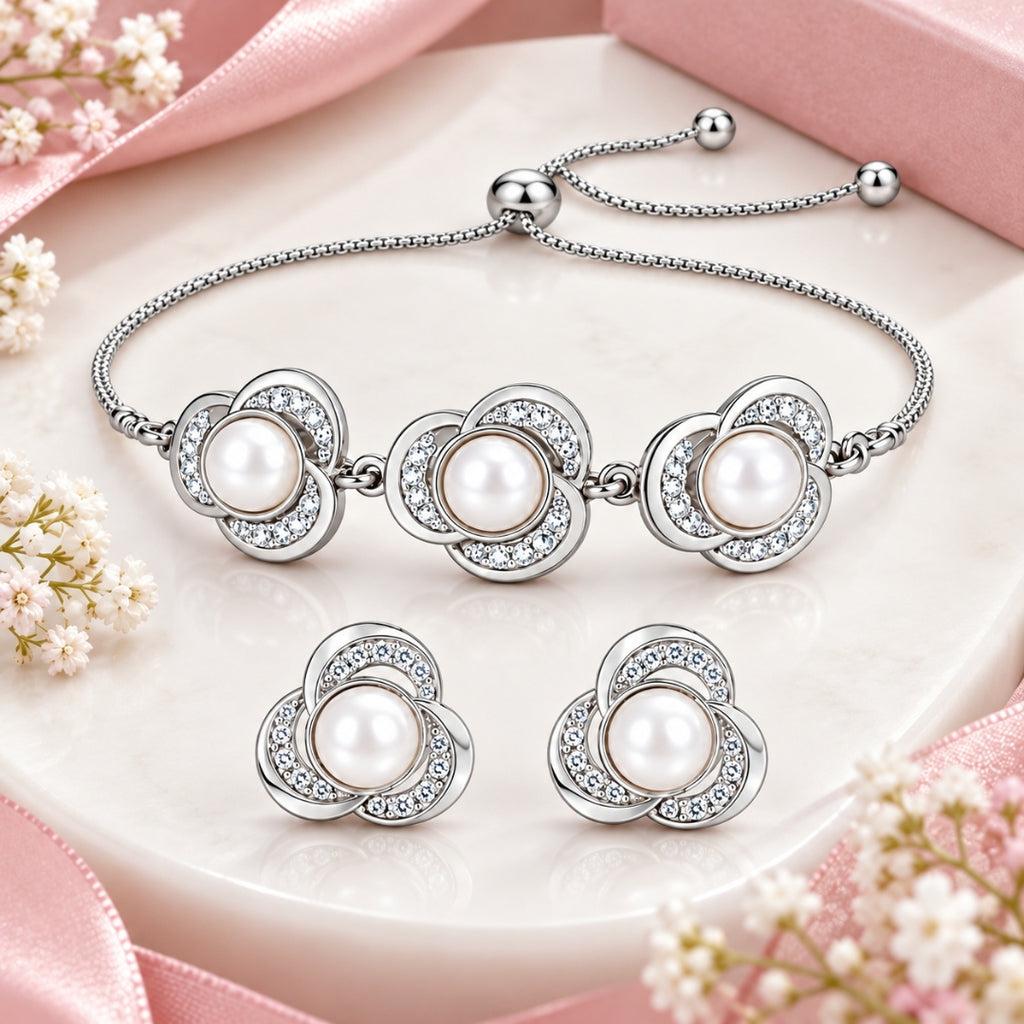 Silver Finish Pearl Floral Bracelet & Earrings for Women