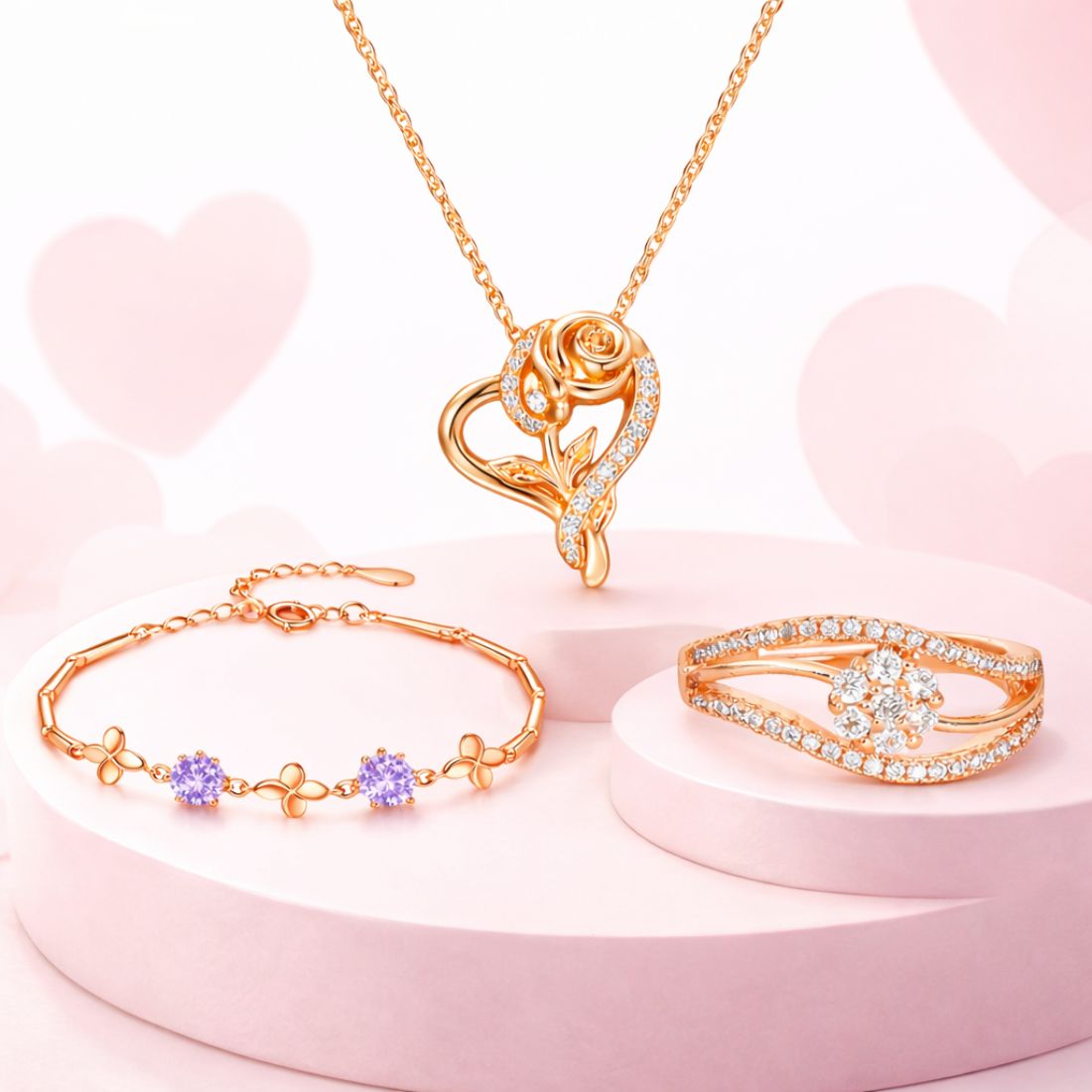 Nilu's Collection Rose Gold Plated Heart Rose Pendant With Bracelet And Ring For Women And Girls