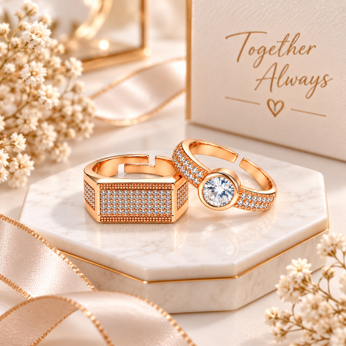 Rose Gold Solitaire Couple Rings for Men & Women