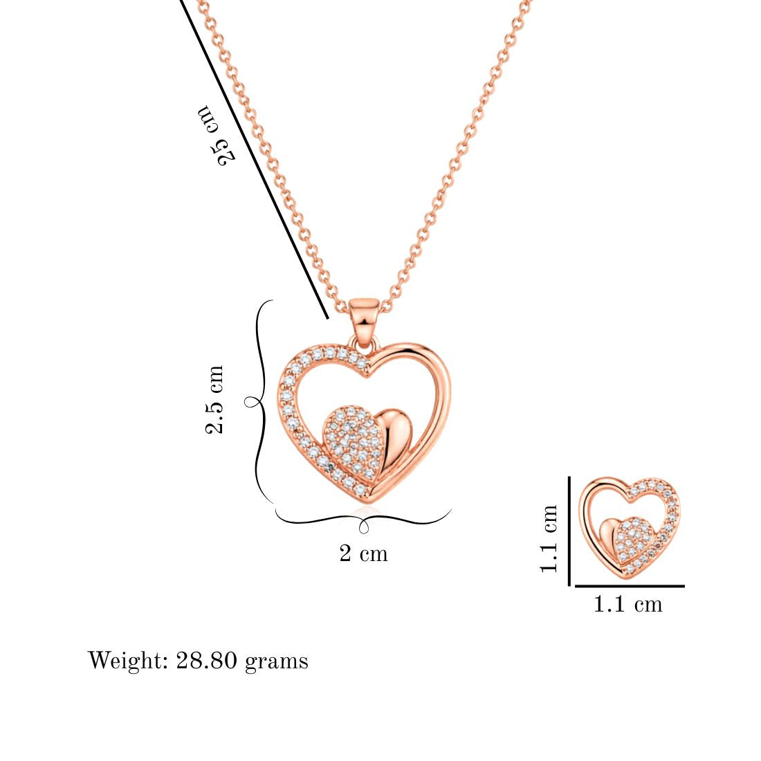 Rose Gold Heart Pendant Necklace With earrings