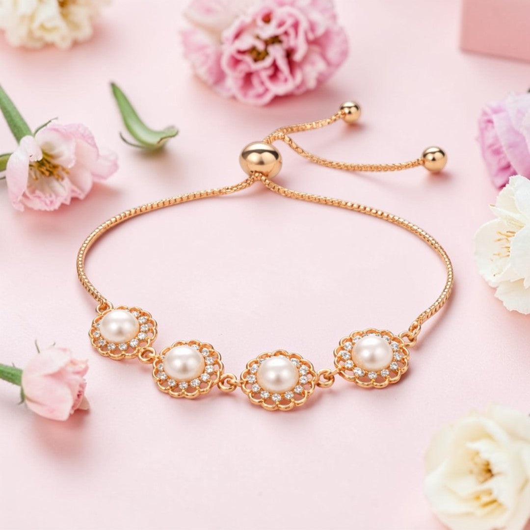Rose Gold Pearl Floral Adjustable Bracelet
