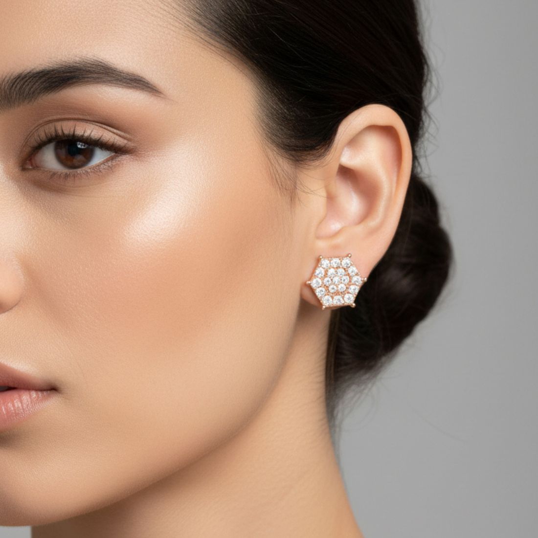 Nilu's Collection Rose Gold Plated American Diamond Hexagon Stud Earrings For Women And Girls