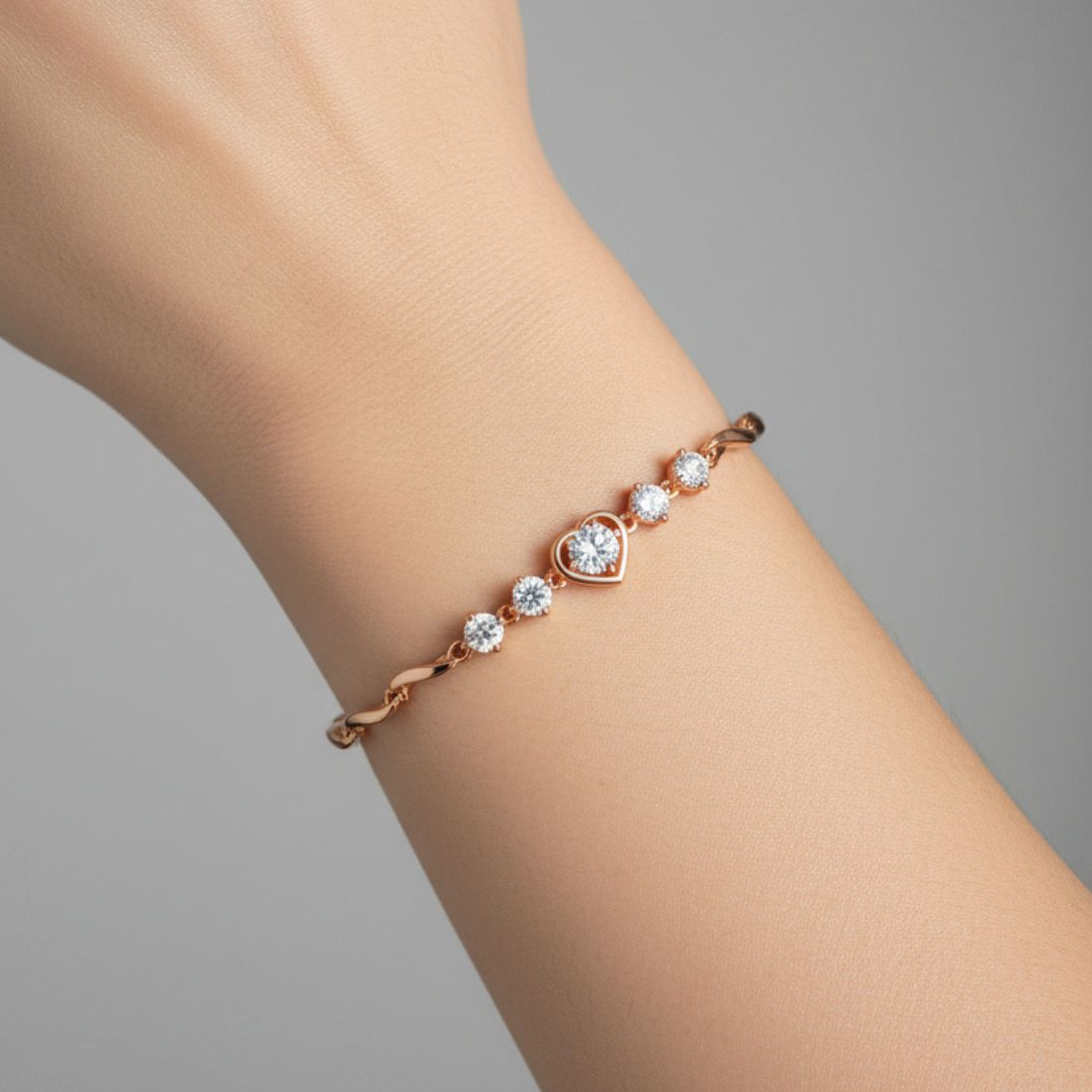 Rose Gold Plated Heart Design Bracelet with American Diamonds For Women And Girls | Anti-Tarnish | Anti-Allergy | Gift For Her