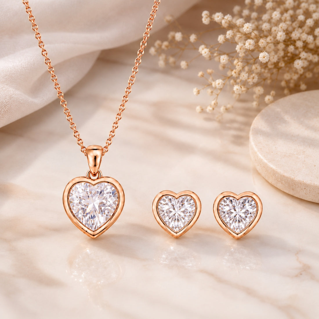Rose Gold Heart Pendant With Earrings For Women