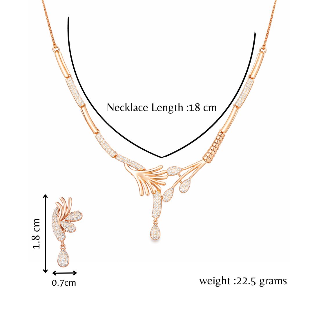 Nilu's Collection Rose Gold Plated American Diamond Floral Leaf Necklace Set with Matching Drop Earrings For Women And Girls