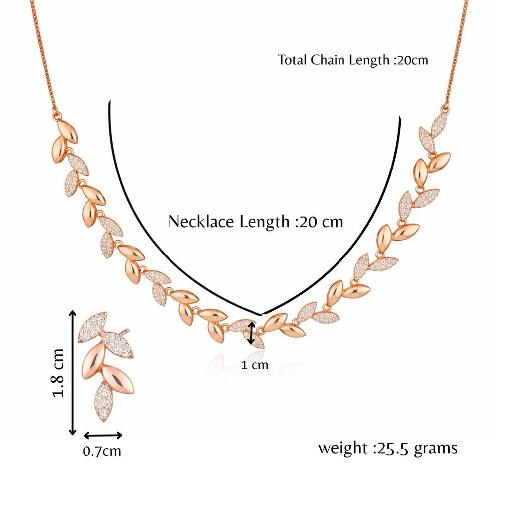 Nilu's Collection Rose Gold Plated American Diamond Leaf Design Necklace Set with Matching Earrings for Women And Girls